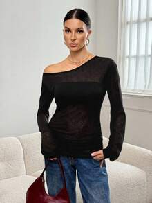 SHEIN Tall T-shirt noir d'automne basique sexy et chic pour femmes, couleur unie, col incliné, manches longues, top décontracté ample et transparent avec épaules dénudées, pour femmes grandes - Noir - Voir 6