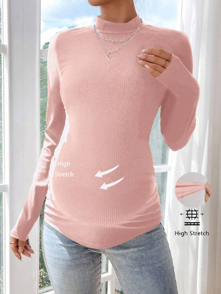SHEIN Maglietta a maniche lunghe con colletto alla coreana, tinta unita, casual, per gravidanza, autunno/inverno