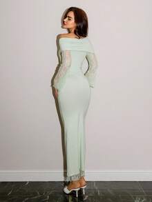 NOVVYNE 女士纯色撞色蕾丝斜肩长袖修身侧开衩下摆优雅连衣裙 - 綠色 - 查看 3