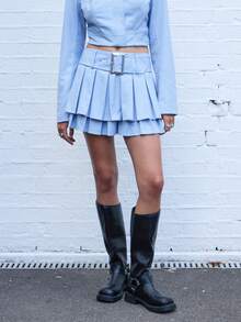 COUREZ 百褶迷你裙配腰带 / Y2K 风格外出穿搭 秋季女装 秋季服装 可爱冬季女装 - 藍色 - 查看 2