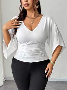 Elenzga 大码女式束腰休闲法式百搭T恤 - 白色 - 查看 7