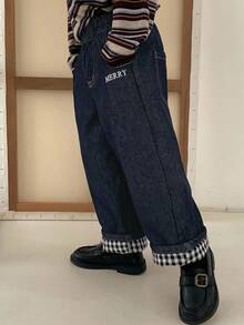 DAZY Toddler Boys' Loose Straight Leg Casual Jeans, Letter Embroidery & Plaid Patchwork, Autumn - Dark Wash - View 6