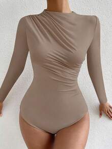 Zolique Solid Color Casual Long Sleeve Slim Fit Women Bodysuits - Khaki - View 6