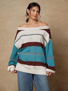 SHEIN VCAY Plus Size Women Boat Neck Striped Drop Shoulder Long Sleeve Casual Loose Knit Sweater, Autumn/Winter
