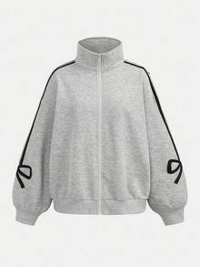 少女针织纯色撞色滚边开衫和阔腿裤休闲套装 - 灰色 - 查看 7
