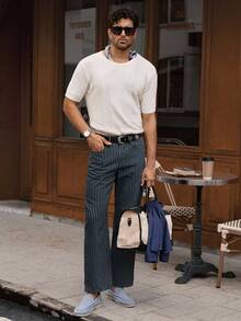 Manfinity NXTstreet 男士休闲条纹中腰直筒牛仔裤 - 藍色 - 查看 7