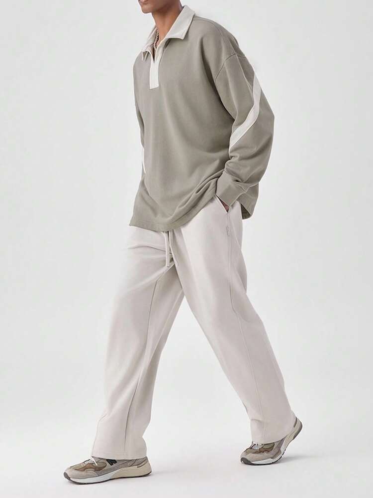 INAWLY 男士休闲时尚街头运动撞色落肩宽松 V 领运动衫，秋季 - 淺卡其色 - 查看 4