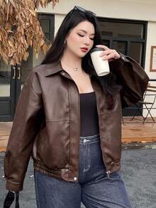 Dazy Plus 大码女式纯色PU皮革翻领宽松机车夹克，秋冬女式外套 - 棕色 - 查看 8