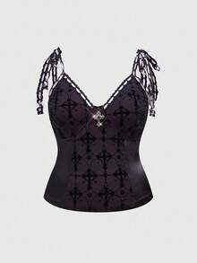 ROMWE Áo ba lỗ và áo hai dây họa tiết chữ thập Gothic cỡ lớn, trang phục dự tiệc cỡ lớn cho phụ nữ vào mùa thu/đông, áo hai dây Gothic cỡ lớn cho phụ nữ - Nhiều màu - Xem 1