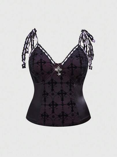 Débardeur et débardeur à bordure de ruban à motif croix gothique grande taille, vêtement de fête grande taille pour femmes en automne/hiver, débardeur gothique grande taille pour femmes