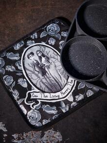 Corpse Bride X SHEIN Vintage Black Satin Ruffled Kitchen Heat Resistant Set, Oven Mitts/Pot Holders, Essential For Baking, Effectively Insulates Heat, Printed Pattern, Goth - Black and White - View 4