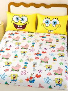 SpongeBob SquarePants | SHEIN 1 件可爱卡通图案床笠，白色床笠，适合单人床/双人床/大号床/特大号床，柔软、透气、保暖，可机洗 - 彩色 - 查看 4