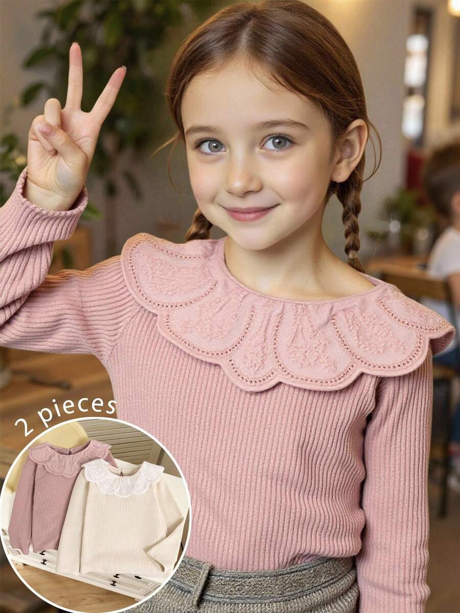 Elladie kids Girls Ribbed Fabric Long Sleeve T-Shirt With Lace Trim Collar, Comfortable Casual Elegant Fashion, Suitable For Spring, Autumn, Winter Fall - Pink - View 1