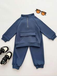 SHEIN 2pcs/Set Young Boys' Brushed Thickened Sweatshirt With Stand Collar & Pockets And Solid Color Pants, Winter Tracksuit Fall - Blue - View 4