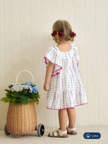 Joliand Joliand 1 pieza Vestido blanco suelto con volantes y ribete de encaje floral fucsia elegante y urbano para bebé niña, adecuado para uso diario casual, viajes, playa, reuniones, fiestas, verano - Blanco - Ver 3