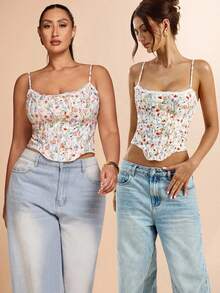 SHEIN BAE Plus Size Women's Floral Print Contrast Color Elegant Lace Camisole Summer Holiday Tops, Vacation Tops, Romantic Date, Birthday Party, Graduation Tops,Floral Top,Corset Tops,Suspender Corset,Sexy Elegant Corset,Going Out Tops Women/Early Autumn/Back To School/Going Out /Festival Outfits Women/Autumnfall/Wedding Guest Top Women Plus Size/Formal Top For Women/Dresses For Women Elegant/Summer Dresses /Birthday Dress/Homecoming Dress/Off Shoulder Top/Halloween Costume/Club Outfits Women Sexy/Christmas/Plus Size Top