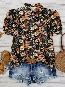 EMERY ROSE 大码休闲假日印花泡泡袖女式衬衫，适合夏季穿着，复活节、波西米亚风、文艺复兴集市、婚礼宾客、母亲节等场合，简约时尚，度假休闲，波西米亚风女式夏季衬衫，印花衬衫，印花女式衬衫，波西米亚风女式印花衬衫 - 彩色 - 查看 1