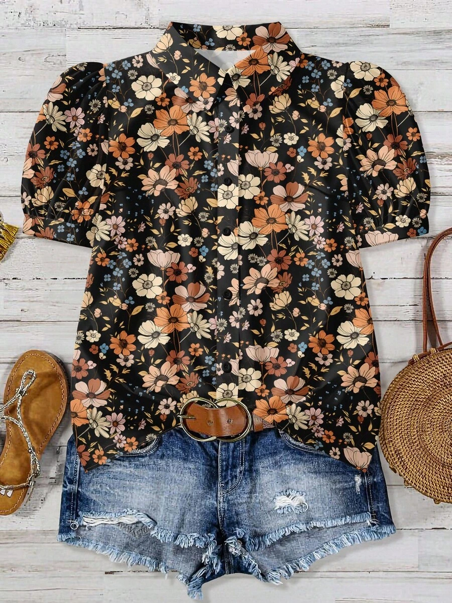 EMERY ROSE 大码休闲假日印花泡泡袖女式衬衫,适合夏季穿着,复活节、波西米亚风、文艺复兴集市、婚礼宾客、母亲节等场合,简约时尚,度假休闲,波西米亚风女式夏季衬衫,印花衬衫,印花女式衬衫,波西米亚风女式印花衬衫 - 彩色 - 查看 1