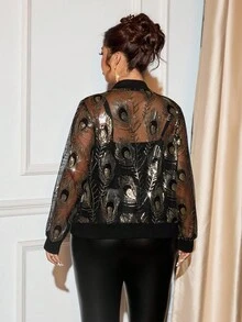 Cravure Plus Size Women Feather Sequin Jacket, Stylish, Elegant, Casual Outerwear For Autumn Winter Fall - Black - View 2
