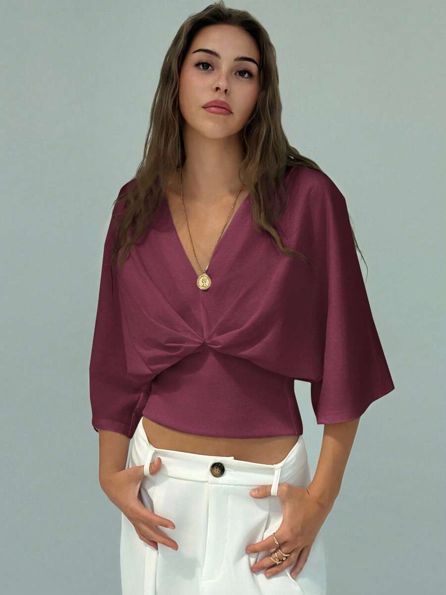 Aloruh Áo thun chui đầu màu trơn cổ chữ V trễ vai tối giản mới, nhún eo, đa năng khi đi làm, áo đỏ