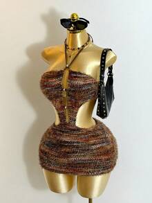 Mistrie Women's Brown Striped Boho Faux Knit Mini Dress,Halter Neck Tie Detail Front Cut-Out Beaded Summer Vacation Dress For Music Festivals Halloween - Brown - View 5