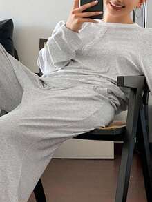 Dazy Plus Bộ đồ ngủ tay dài cổ tròn phối vải chắp vá màu tương phản kèm quần ống rộng, cỡ lớn dành cho nữ, trang phục thu đông, trang phục ấm áp - Xám - Xem 8