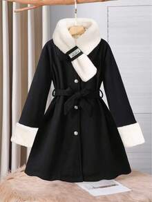 Sparklyn 1pc Tween Girls Overcoat, Elegant Refined Buttoned Lapel Mid-Length Belted Coat With Fur Collar, Suitable For Autumn/Winter Fall - Black - View 1