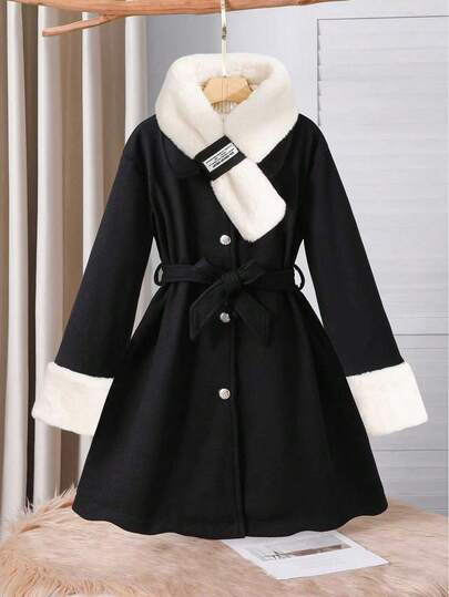 Sparklyn 1pc Tween Girls Overcoat, Elegant Refined Buttoned Lapel Mid-Length Belted Coat With Fur Collar, Suitable For Autumn/Winter Fall