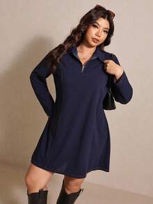 Elaquor Váy dài màu xanh navy tối giản, rộng rãi, có khóa kéo nửa thân dành cho nữ, mùa thu - Màu xanh lam - Xem 6