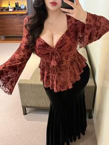 Flirla 大码女式时尚花卉印花前系带喇叭袖衬衫 - 紅色 - 查看 6