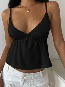 CovetEZ Casual Black Knitted Cami With Ruffle Hem And Spaghetti Straps Cami Tops Low Cut Top,Black Tops - Black - View 4