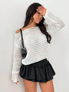 Flirla New Arrival White Hollow-Out Pink Bow Decor Cute Sweet Casual Off-Shoulder Sweater - White - View 5