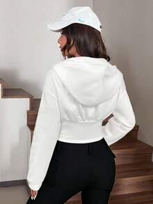 SHEIN EZwear Áo hoodie crop top hở vai màu trơn thời trang đường khâu xương cá có khóa kéo viền bất đối xứng cho nữ - trắng - Xem 2