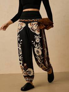 Travachic Plus Size Bohemian Casual Vacation Autumn Retro Print Loose Wide Leg Pants, Women Drawstring Knit Relaxed Trousers