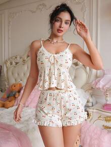 PetitDoll Cute Cherry Print Lace Ruffle Trim Camisole & Shorts Pajama Set 2 Piece Short Sets Woman