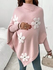 SHEIN Maternity Floral Pattern Asymmetric Hem Long Sleeve Pullover Sweater - Pink - View 7