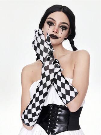 Grunge Punk 1 Pair Punk Style Black & White Plaid Pattern Fingerless Gloves, Y2K Sexy High-Quality Long Gloves, Niche Design Fashion Elastic Gloves