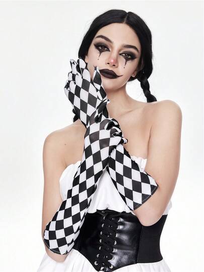 Grunge Punk 1 Pair Punk Style Black & White Plaid Pattern Fingerless Gloves, Y2K Sexy High-Quality Long Gloves, Niche Design Fashion Elastic Gloves