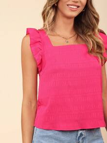 Coeurva Ladies' Solid Color Texture Fabric Ruffle Decorated Square Neckline Shirt Summer Clothes - Hot Pink - View 4