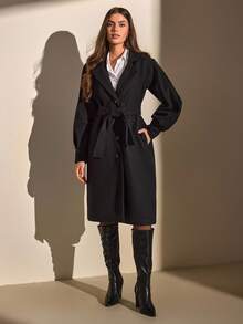 CLARA VERO Ballon Sleeve, Belted, Long Overcoat - Black - View 4