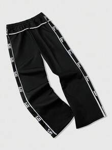 ROMWE MEN Prep Men's Sweatpants With Applique Embroidery, Drawstring, Street Style American English Print - Black - View 5