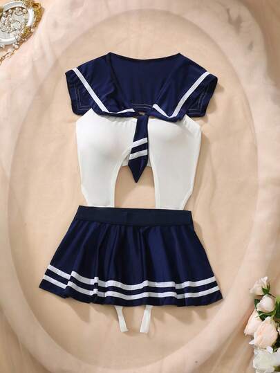 DelicateAllure 3 件套学生开裆撞色海军蓝领带紧身衣，搭配短款百褶裙、蝴蝶结装饰、网眼裙摆、荷叶边饰边、性感女式紧身衣