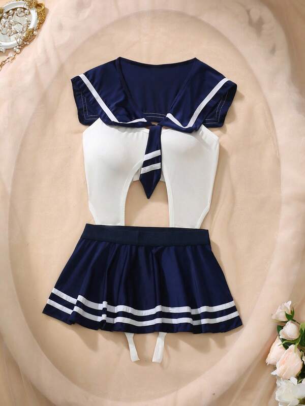 3 件套学生开裆撞色海军蓝领带紧身衣，搭配短款百褶裙、蝴蝶结装饰、网眼裙摆、荷叶边饰边、性感女式紧身衣