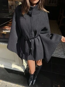 Aloruh 女士秋冬优雅高领蝙蝠袖收腰羊毛混纺大衣 - 灰色 - 查看 8