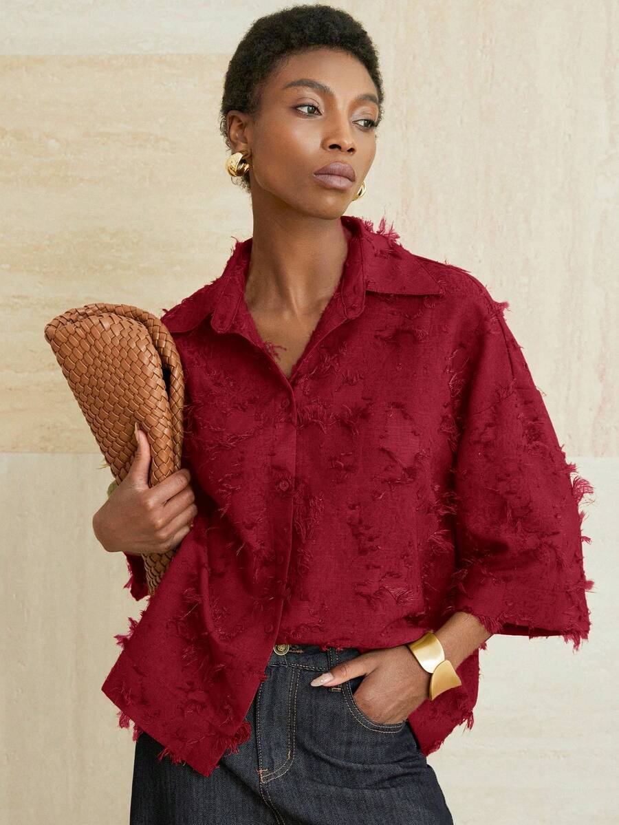 Aveloria Modichic 3/4 Sleeve Olive Green Shirt, Simple Cut, Loose Fit, Classic Collar, Comfortable To Wear - Red - View 1