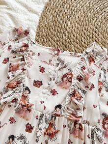 Vintaside Kids Young Girls' Floral Print Ruffle Hem Long Sleeve Dress, Suitable For Casual, School, Park, Outdoor Photography, Vacation Fall Winter - Multicolor - View 5