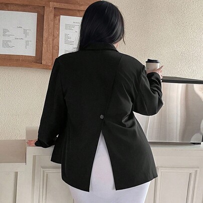 플러스 사이즈 여성용 블랙 솔리드 컬러 라펠 칼라 백 슬릿 디자인 캐주얼 비즈니스 블레이저 재킷