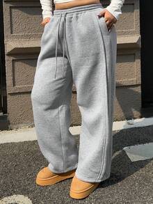 Dazy Plus Elastic Waist Loose Casual Thermal Lined Thick Long Pants For Plus Size Women, Autumn/Winter