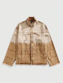 ROMWE MEN Grunge Punk Men's Gradient Frayed Hem Zip-Up Collar Denim Jacket - Black - View 1