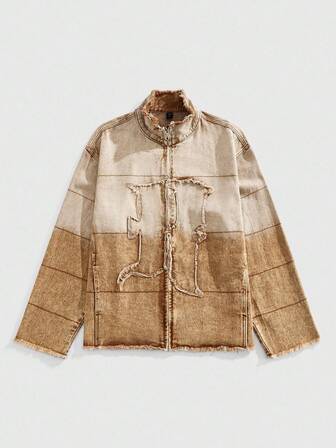 Street Life Chaqueta vaquera con cremallera, cuello y dobladillo deshilachado con degradado para hombre
